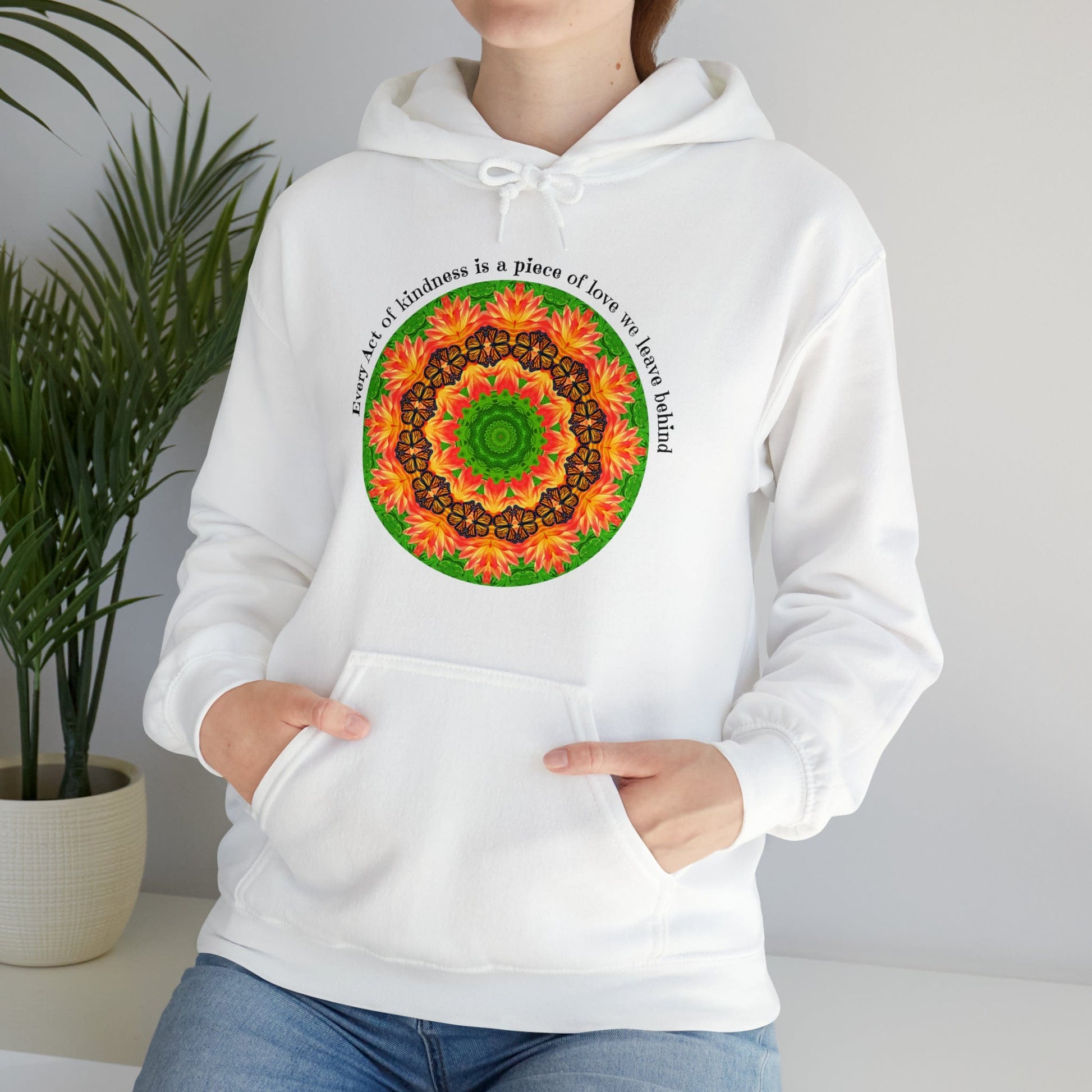 Pretty & Cute Butterfly Kindness Graphic Hoodie Sweatshirt Monarch Butterfly Mandala Art Every act of kindness is a piece of love we left behind white