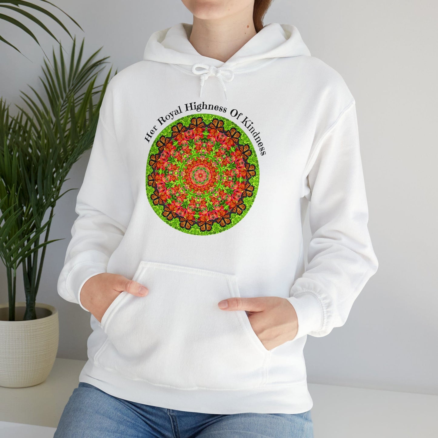 Pretty & Cute Butterfly Kindness Graphic Hoodie Sweatshirt Monarch Butterfly Mandala Art Her Royal Highness Of Kindness white