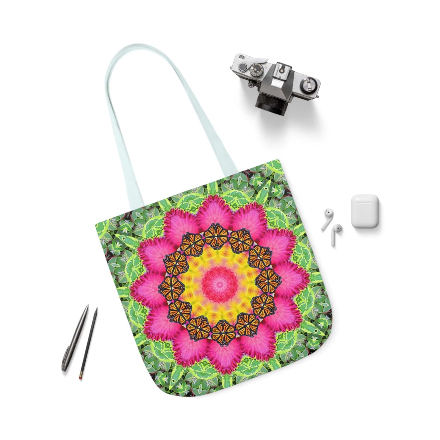 Cute Canvas Tote Bag with Monarch Butterfly and Floral Mandala - Everyday Bag