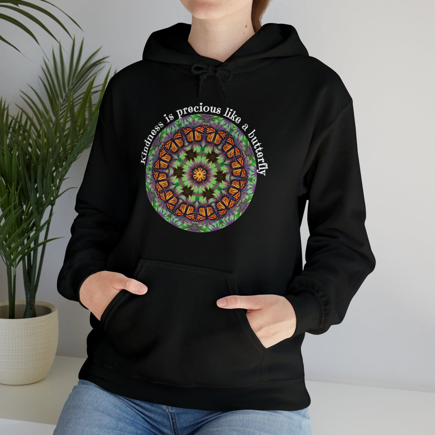 Pretty & Cute Butterfly Kindness Graphic Hoodie Sweatshirt Monarch Butterfly Mandala Art Kindness is precious like a butterfly black