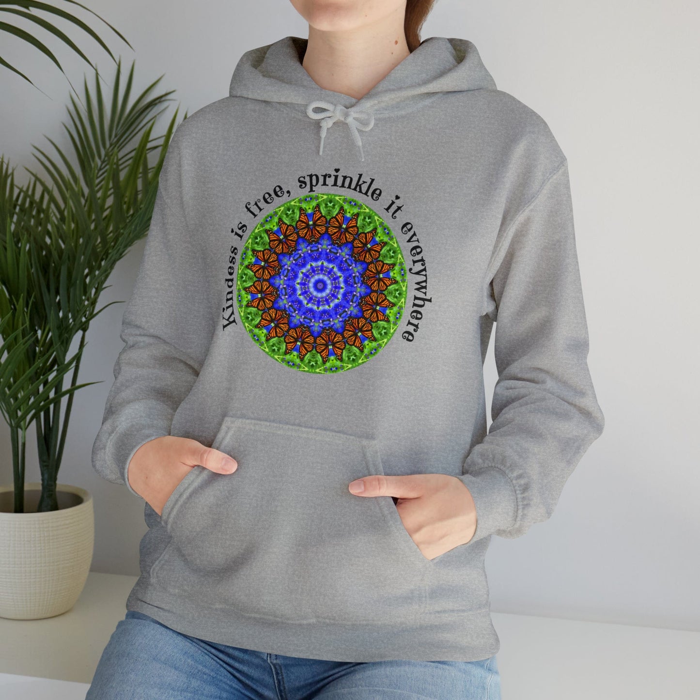 Pretty & Cute Butterfly Kindness Graphic Hoodie Sweatshirt Monarch Butterfly Mandala Art Kindness Is Free Sprinkle It Everywhere sports grey