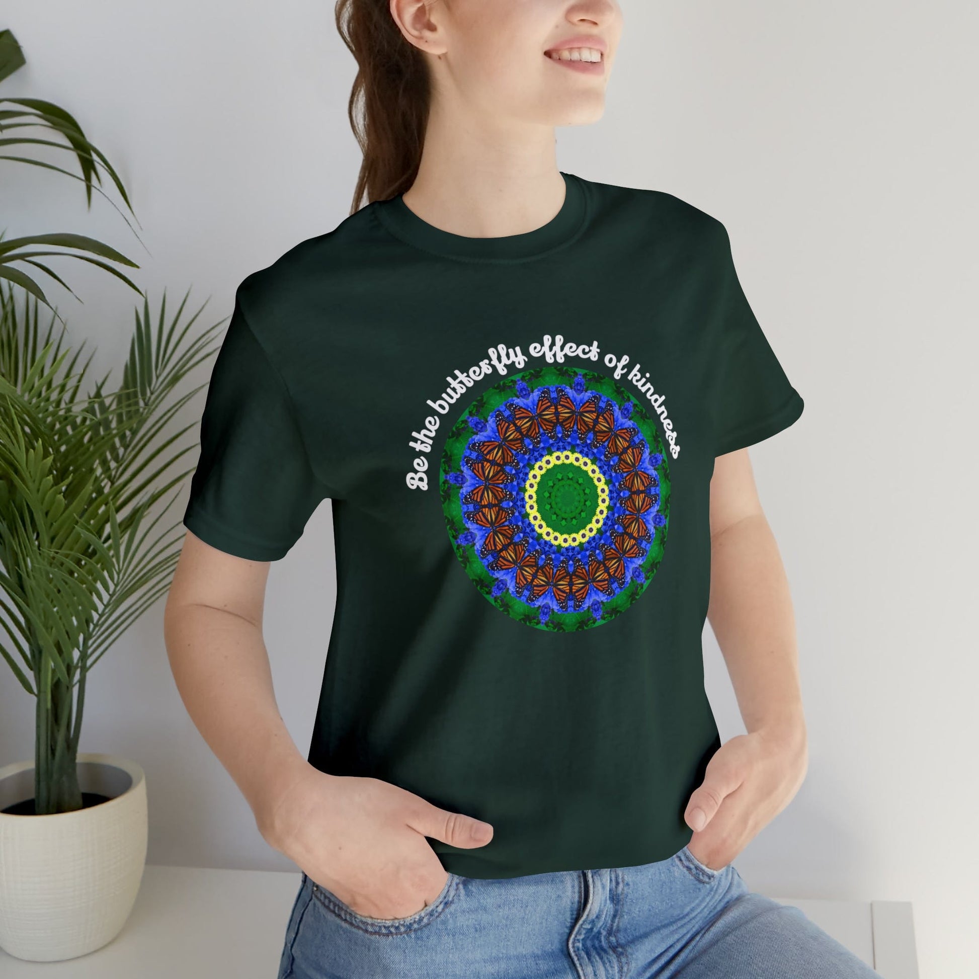 Cute Graphic Kindness Shirts  - Beautiful Monarch Butterfly Mandala Art For Positive Vibes – Butterfly Effect Forest Green