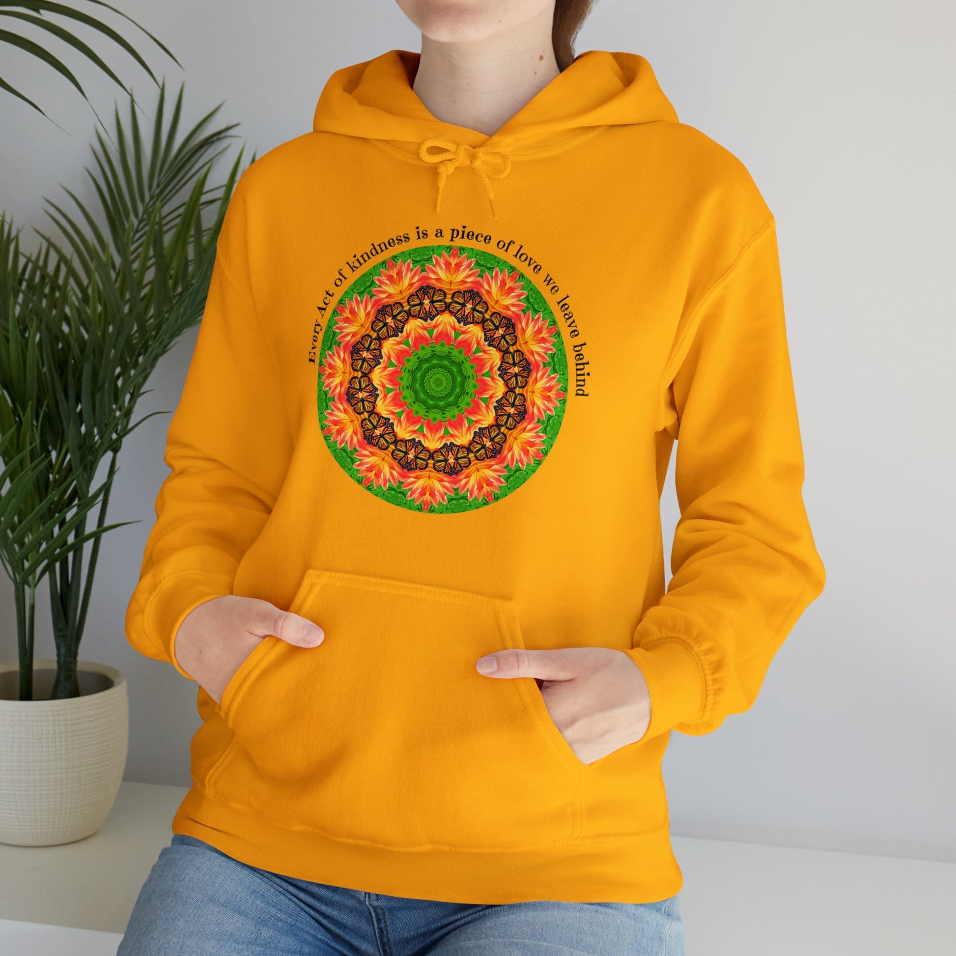 Pretty & Cute Butterfly Kindness Graphic Hoodie Sweatshirt Monarch Butterfly Mandala Art Every act of kindness is a piece of love we left behind gold