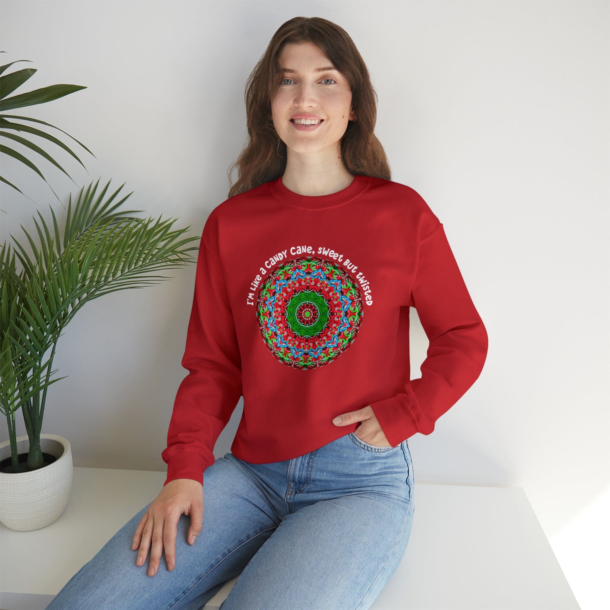 Cute & Funny Christmas Sweatshirt, Sarcastic Candy Cane Mandala Art Shirt, Im like a candy cane sweet but twisted RED