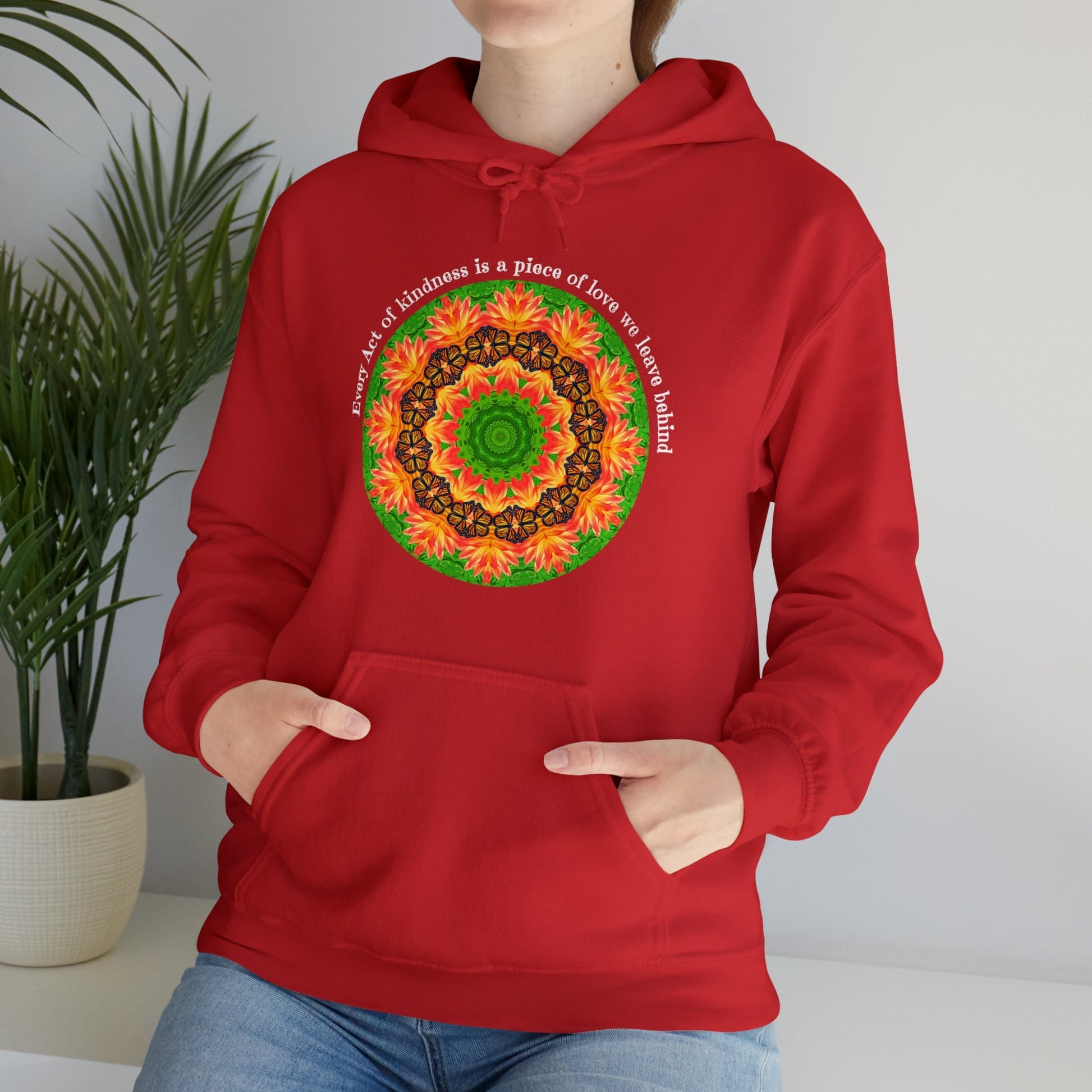 Pretty & Cute Butterfly Kindness Graphic Hoodie Sweatshirt Monarch Butterfly Mandala Art Every act of kindness is a piece of love we left behind Red