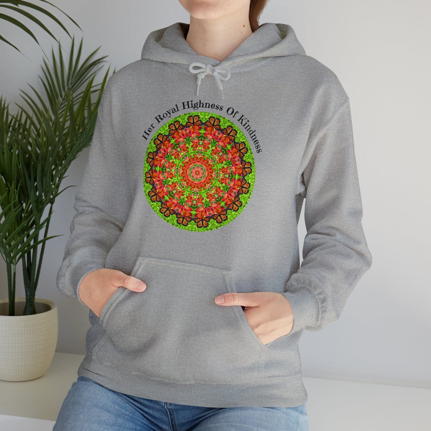Pretty & Cute Butterfly Kindness Graphic Hoodie Sweatshirt Monarch Butterfly Mandala Art Her Royal Highness Of Kindness sports grey