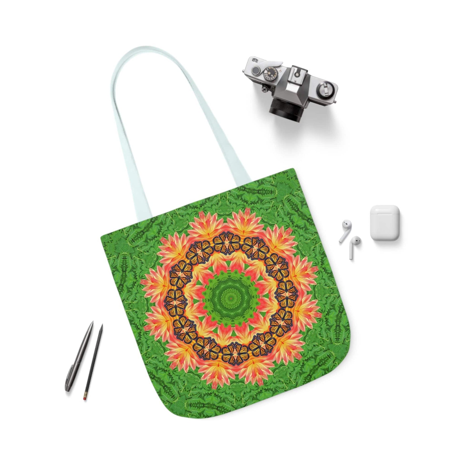 Monarch Butterfly Floral Mandala Tote Bag - Cute and Practical Everyday Accessory light blue handle
