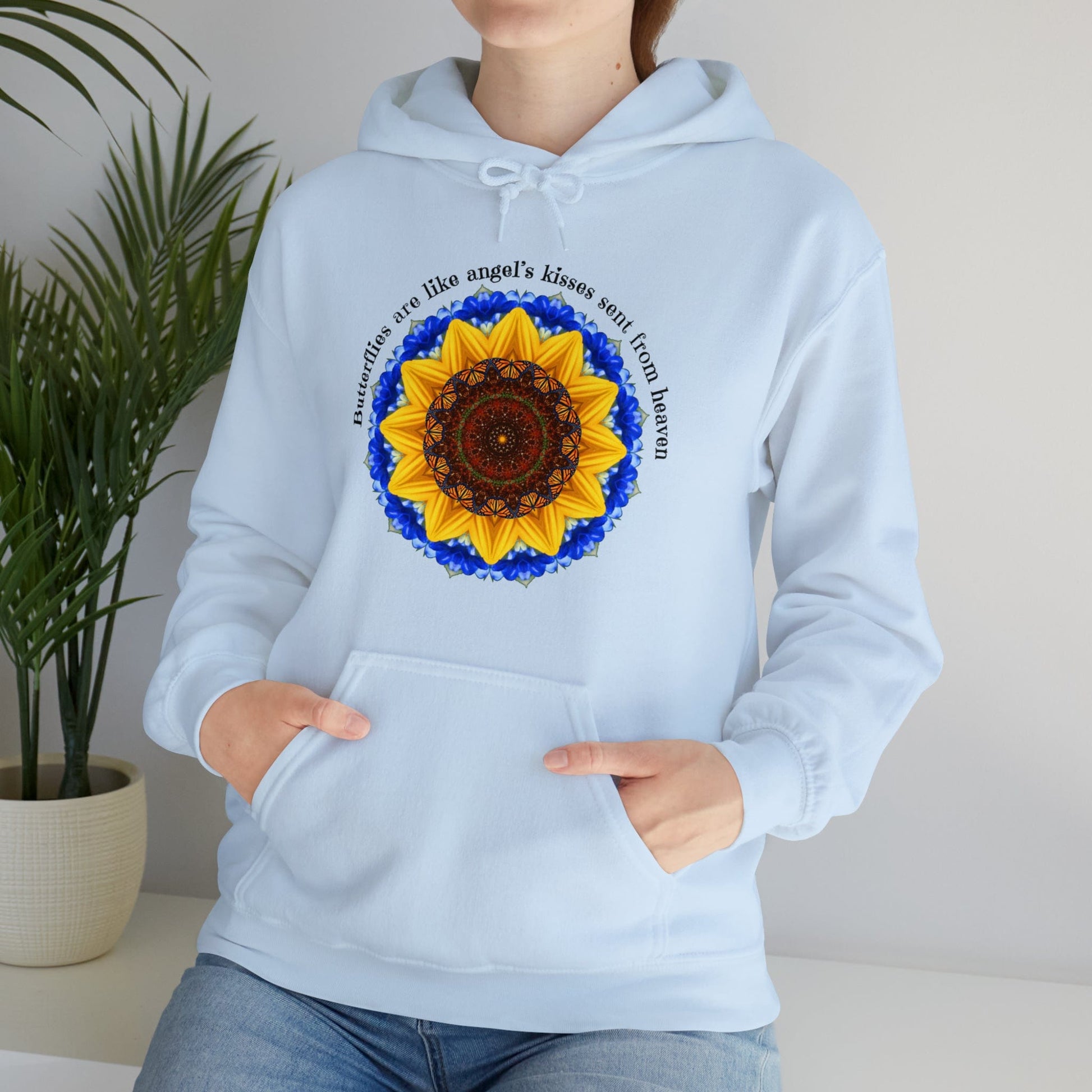 Monarch Butterfly Graphic Love Sweatshirt Hoodie, Mandala, Butterflies Are Like Angel’s Kisses Sent From Heaven light blue