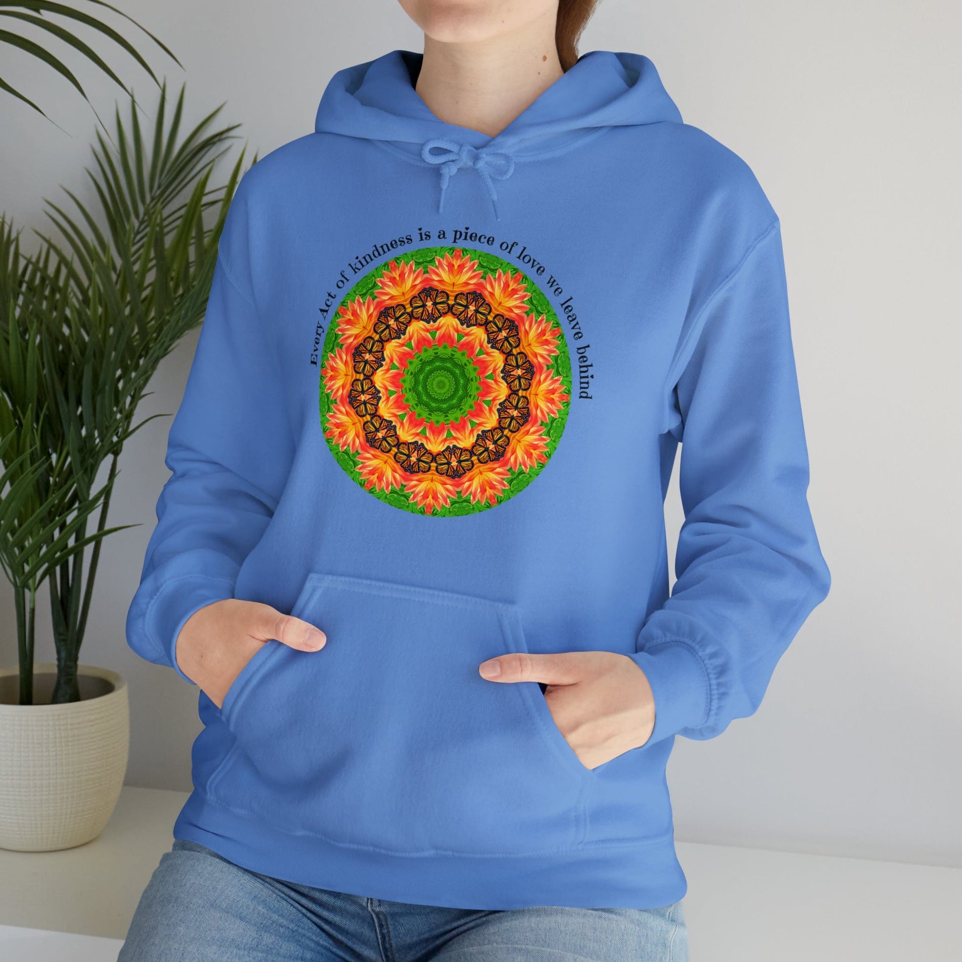 Pretty & Cute Butterfly Kindness Graphic Hoodie Sweatshirt Monarch Butterfly Mandala Art Every act of kindness is a piece of love we left behind Carolina Blue