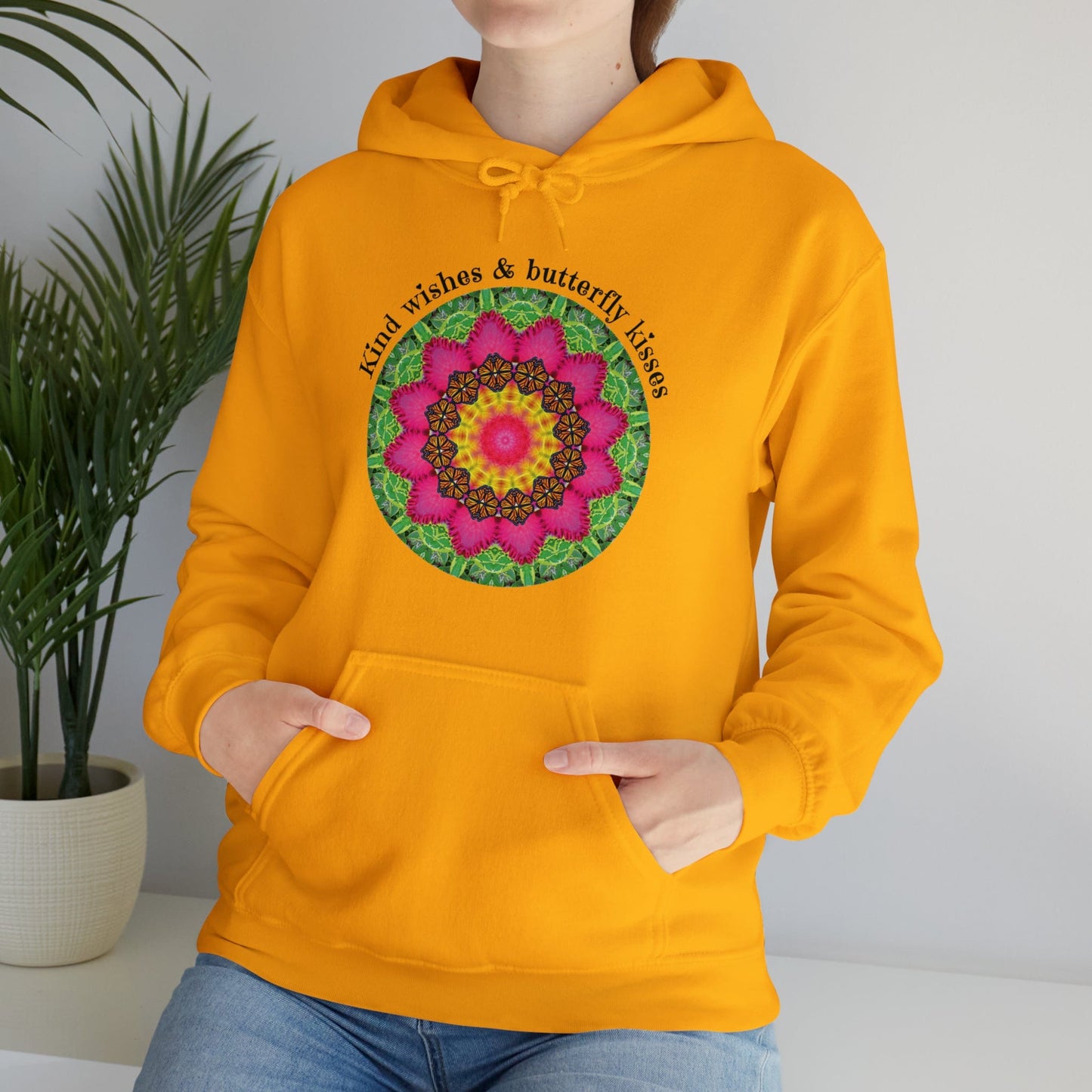 Pretty & Cute Butterfly Kindness Graphic Hoodie Sweatshirt Monarch Butterfly Mandala Art Kind wishes & butterfly kisses gold