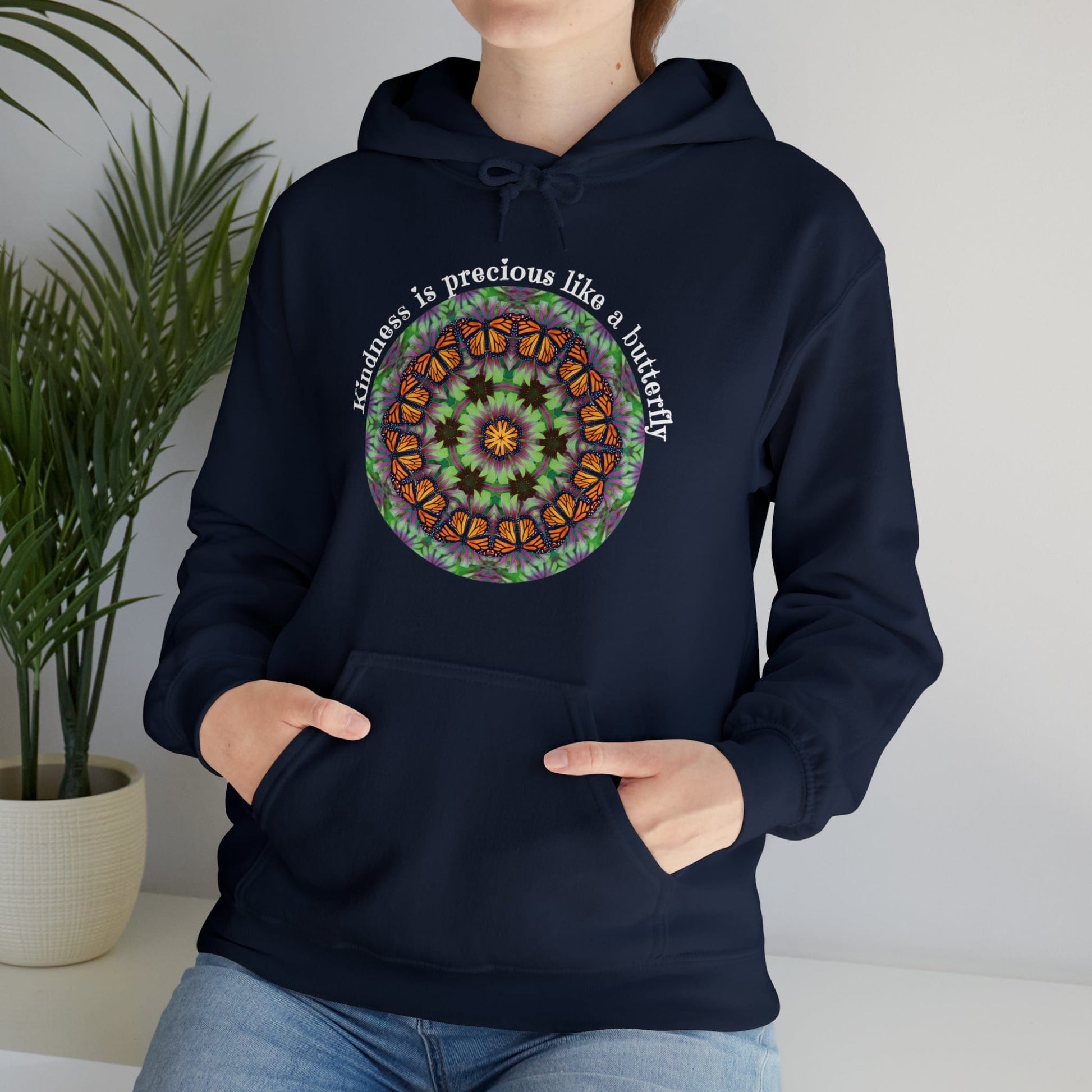 Pretty & Cute Butterfly Kindness Graphic Hoodie Sweatshirt Monarch Butterfly Mandala Art Kindness is precious like a butterfly navy blue