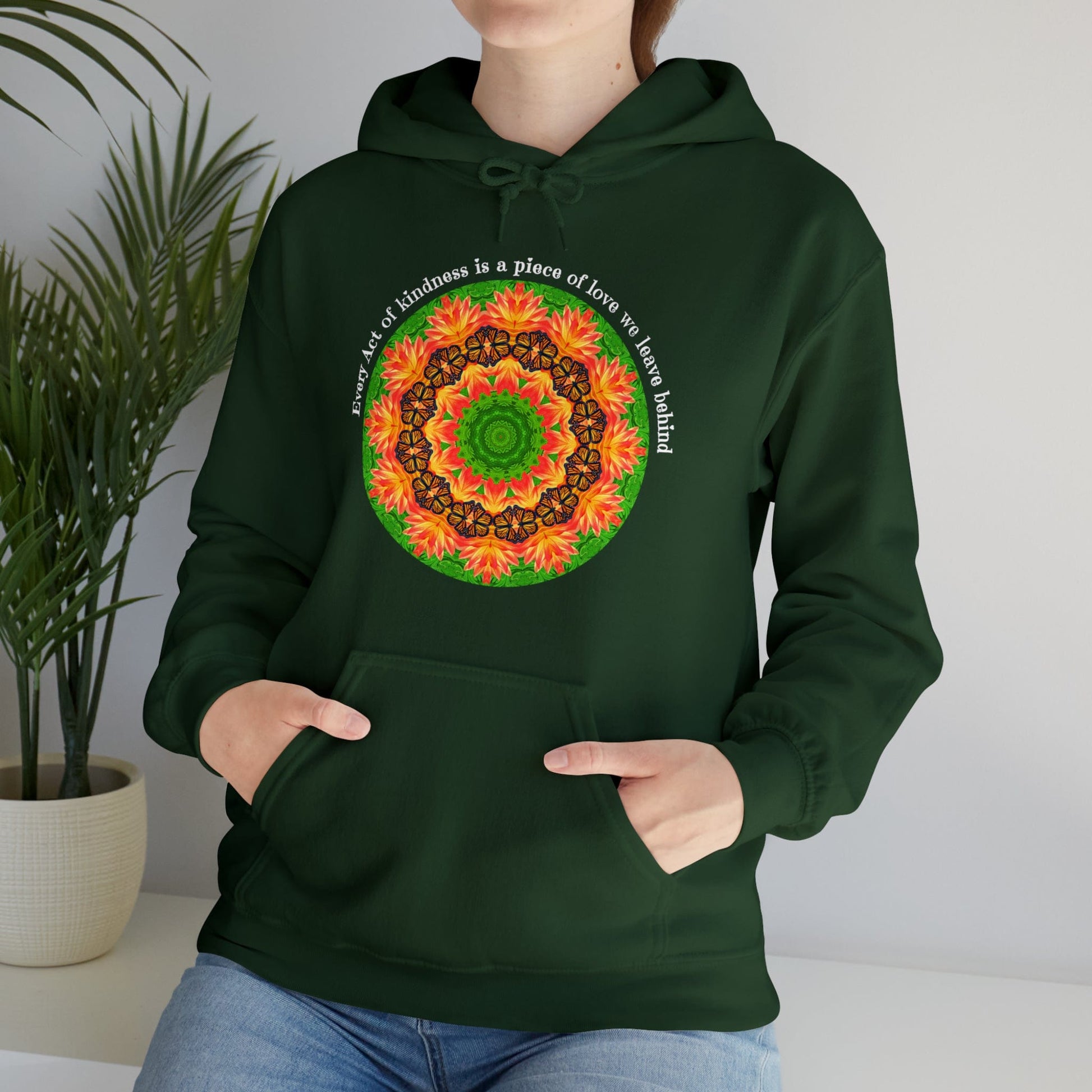 Pretty & Cute Butterfly Kindness Graphic Hoodie Sweatshirt Monarch Butterfly Mandala Art Every act of kindness is a piece of love we left behind Forest Green