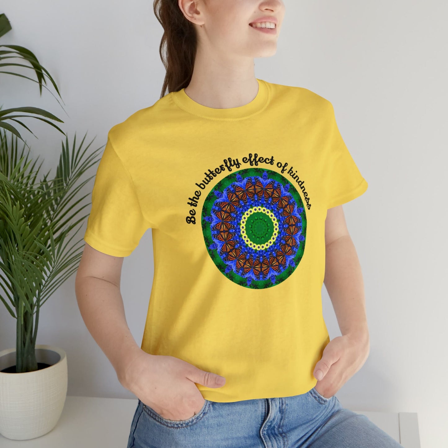 Cute Graphic Kindness Shirts  - Beautiful Monarch Butterfly Mandala Art For Positive Vibes – Butterfly Effect Maize Yellow