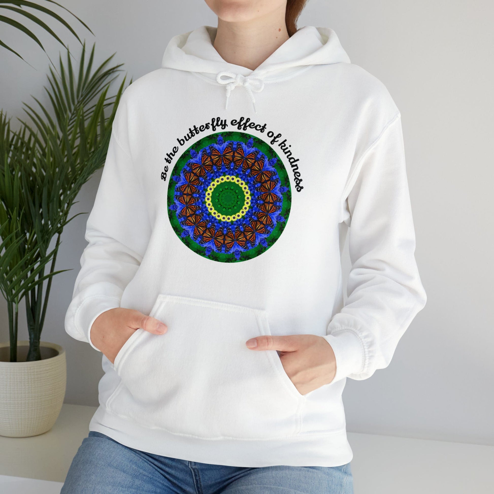 Pretty & Cute Butterfly Kindness Graphic Hoodie Sweatshirt - Monarch Butterfly Mandala Art - Be the butterfly effect of kindness white