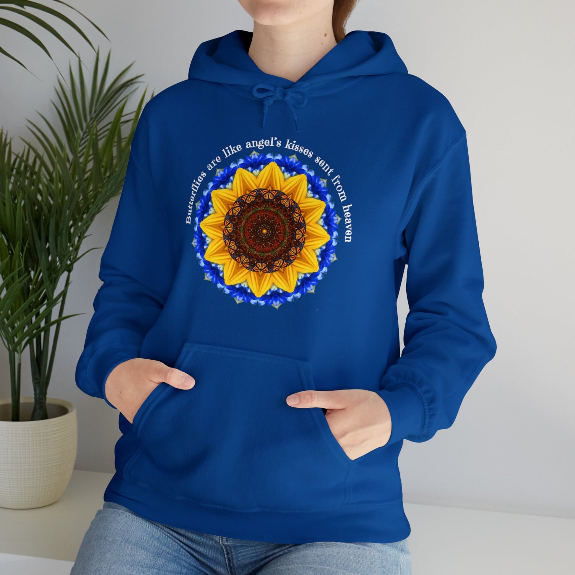 Monarch Butterfly Graphic Love Sweatshirt Hoodie, Mandala, Butterflies Are Like Angel’s Kisses Sent From Heaven royal blue