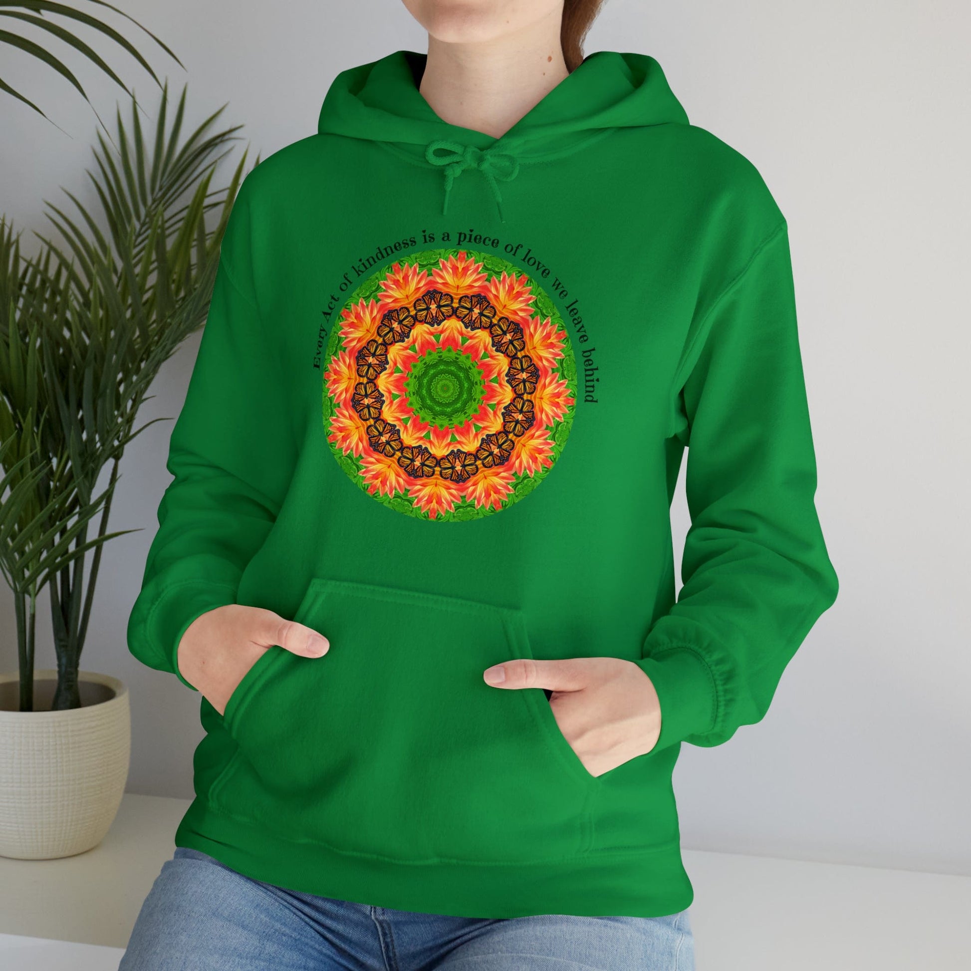 Pretty & Cute Butterfly Kindness Graphic Hoodie Sweatshirt Monarch Butterfly Mandala Art Every act of kindness is a piece of love we left behind irish Green
