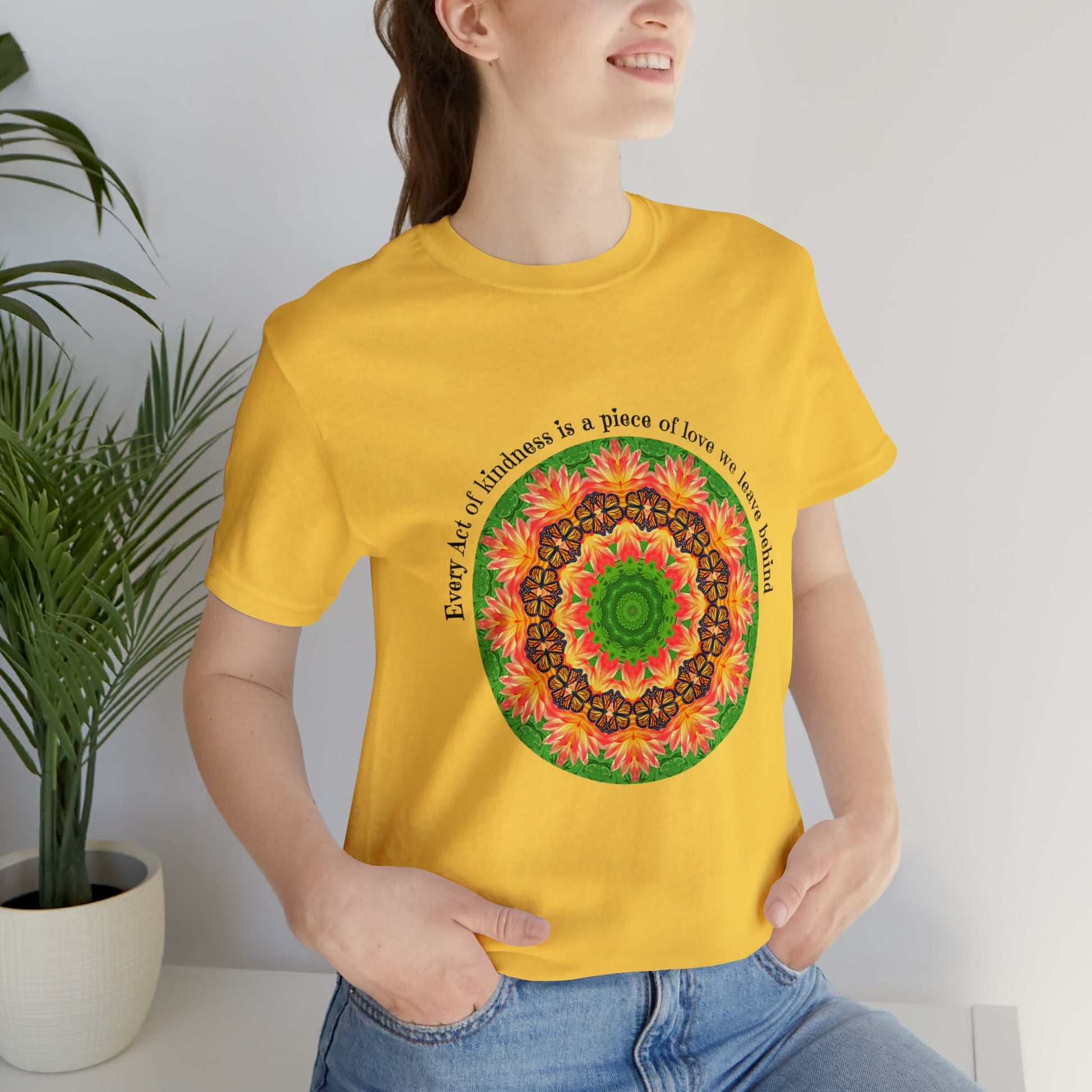 Beautiful Butterfly Mandala Art Graphic Tee Shirt - Cottagecore Clothing A Nature Lovers Delight Ornate Orbit yellow