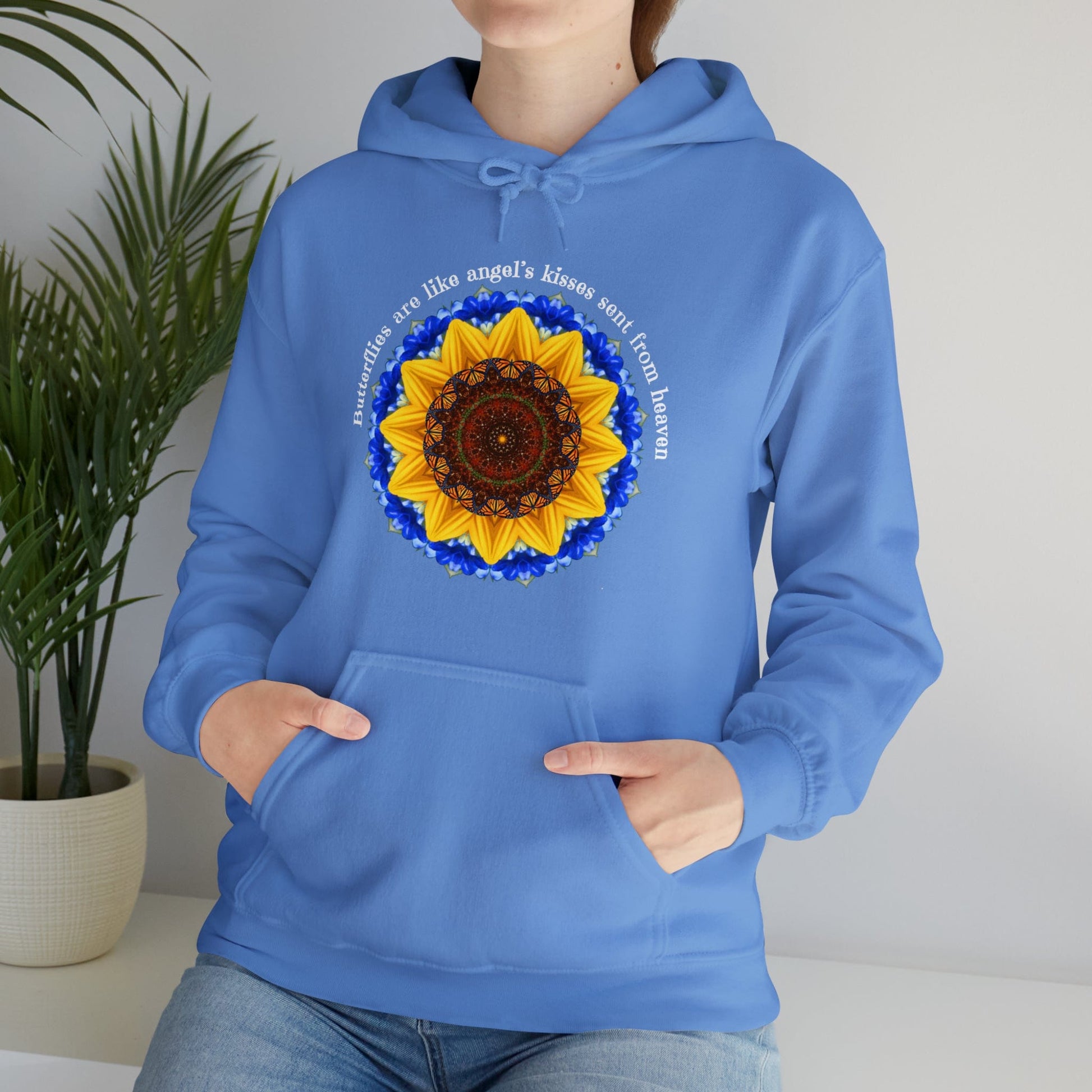 Monarch Butterfly Graphic Love Sweatshirt Hoodie, Mandala, Butterflies Are Like Angel’s Kisses Sent From Heaven - Carolina blue