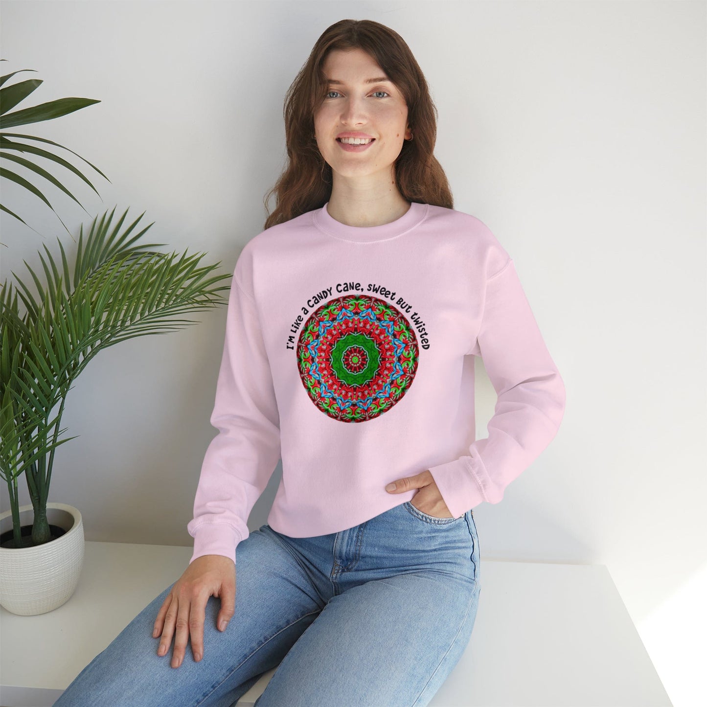 Cute & Funny Christmas Sweatshirt, Sarcastic Candy Cane Mandala Art Shirt, Im like a candy cane sweet but twisted LIGHT PINK