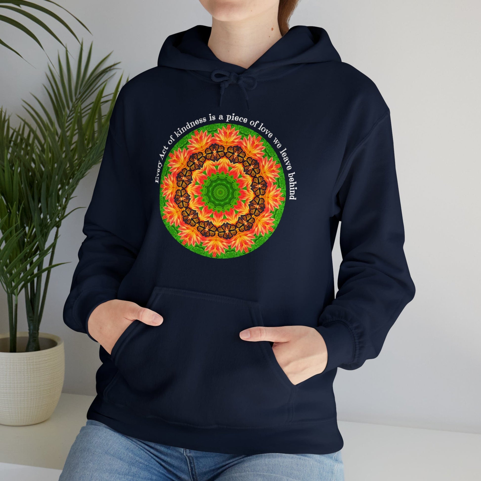 Pretty & Cute Butterfly Kindness Graphic Hoodie Sweatshirt Monarch Butterfly Mandala Art Every act of kindness is a piece of love we left behind navy blue