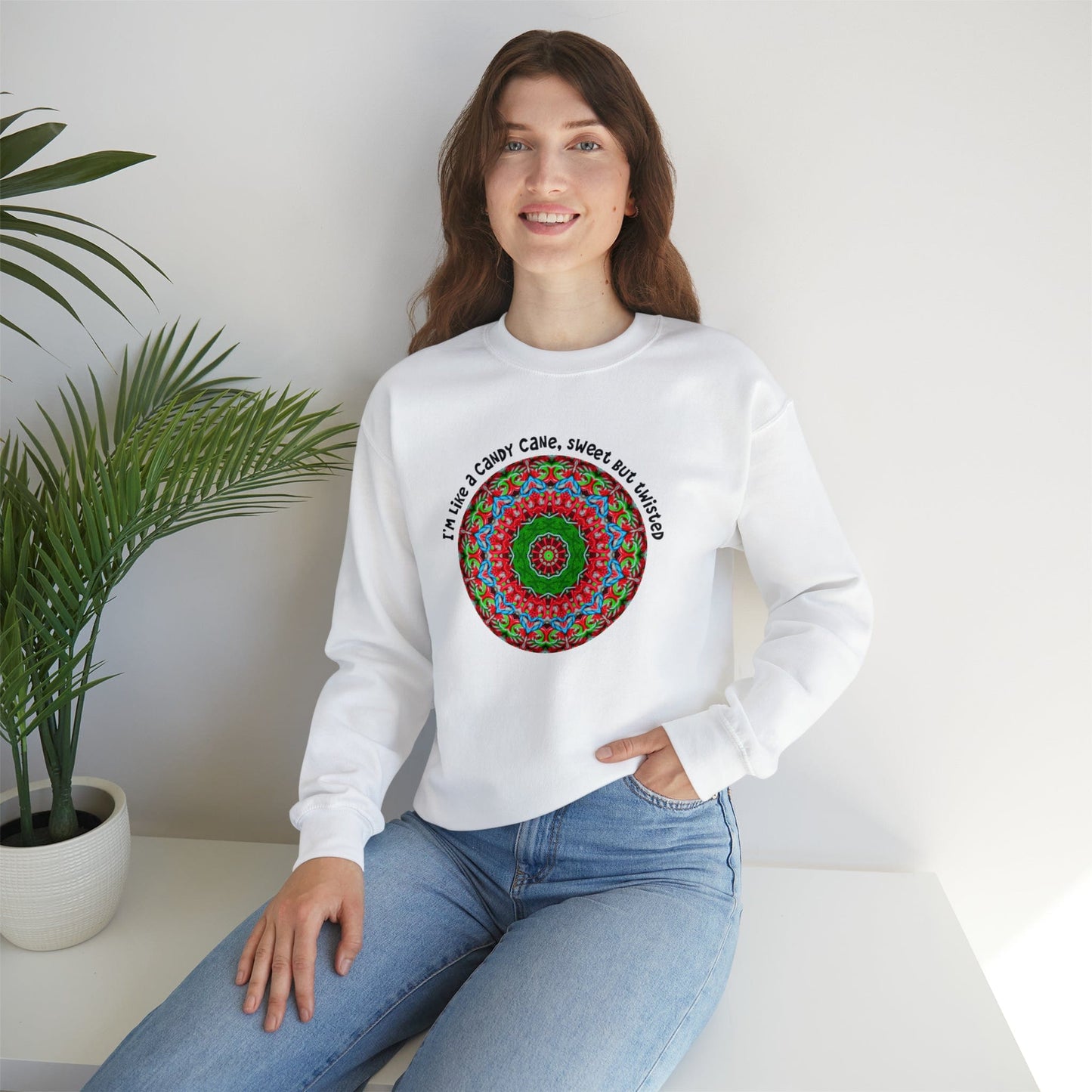 Cute & Funny Christmas Sweatshirt, Sarcastic Candy Cane Mandala Art Shirt, Im like a candy cane sweet but twisted WHITE