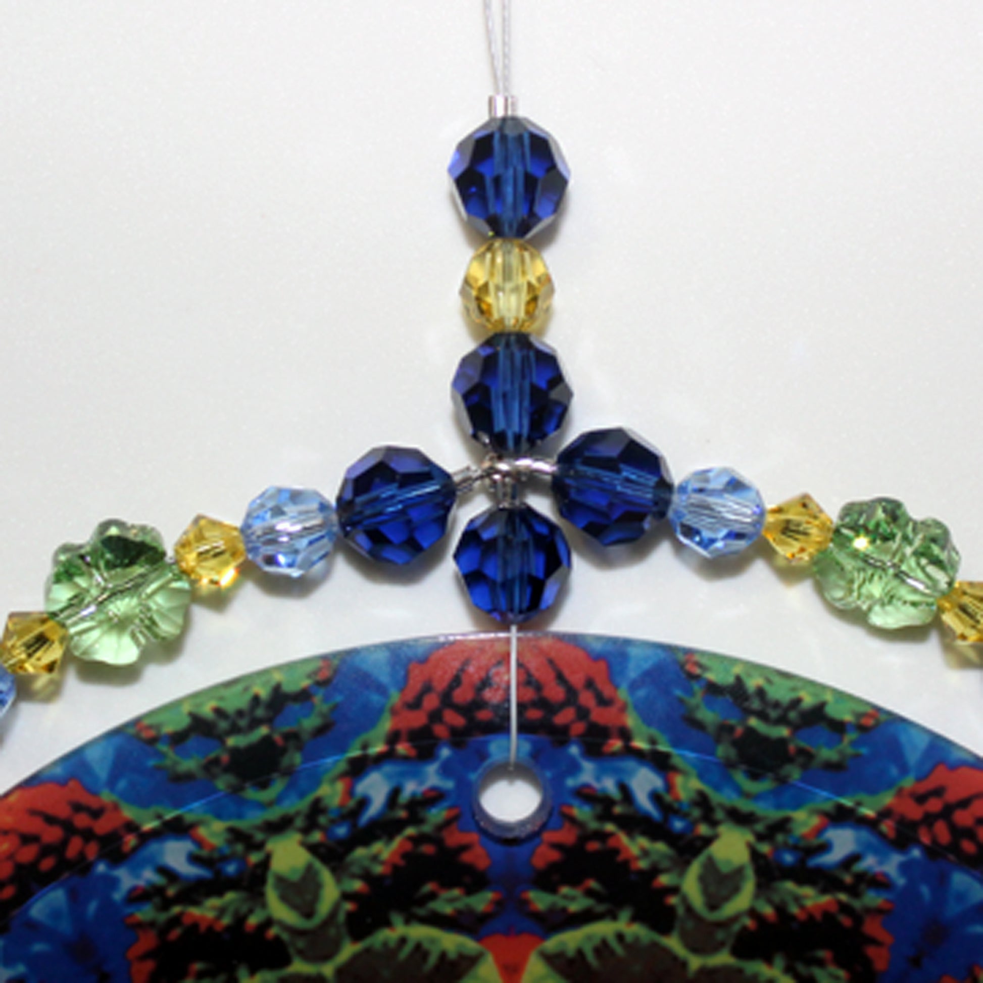 Sunflower Crystal Suncatcher, Sunlight Catcher For Relaxing Zen Decor, Original Flower Mandala Art, My Beauty Within close up of Swarovski crystal beads 