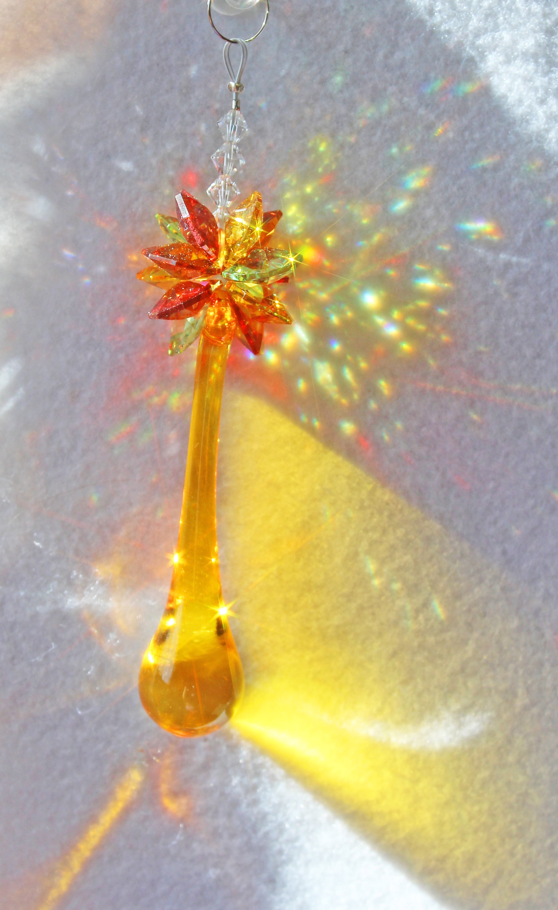 Sunlight Catcher, Crystal Window Suncatcher, Mindfulness Gift, Crystal Hanging Rainbow Maker With Swarovski Crystals Earth Tone Teardrop yellow