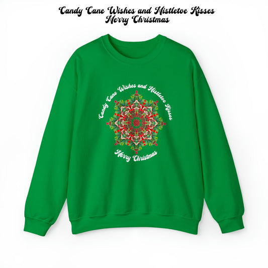 Merry Christmas Love Sweatshirt, Holiday Shirt with Candy Cane Mistletoe - Candy Cane Wishes and Mistletoe Kisses