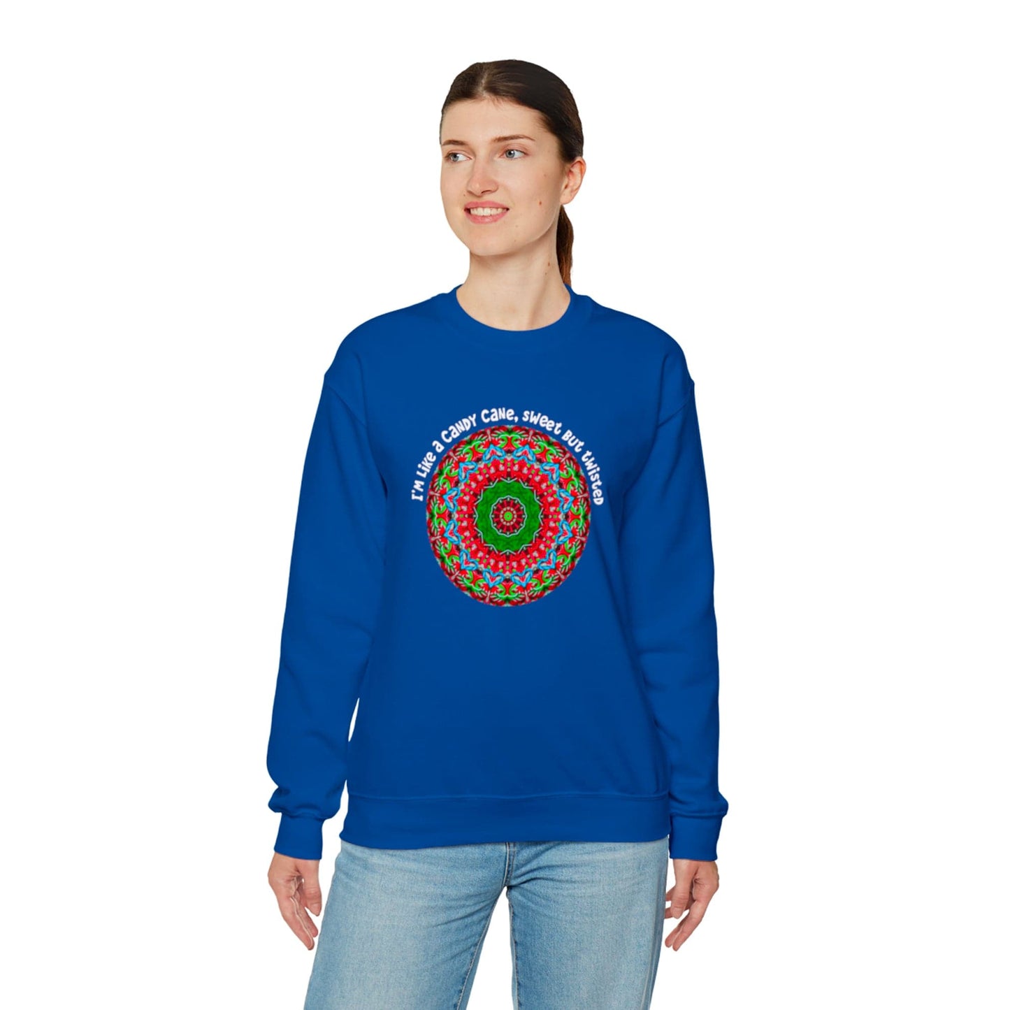 Cute & Funny Christmas Sweatshirt, Sarcastic Candy Cane Mandala Art Shirt, Im like a candy cane sweet but twisted ROYAL BLUE