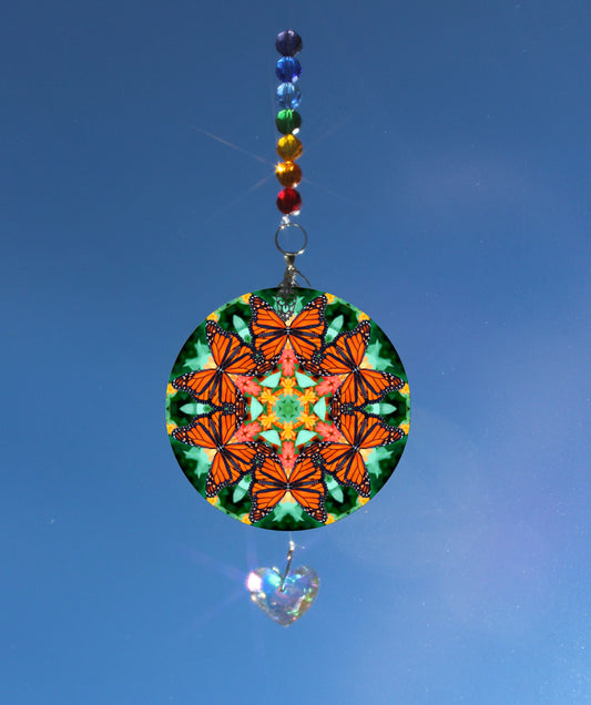 Monarch Butterfly Ornament Suncatcher, With Hanging Beads & Crystal Pendulum Prism, Mesmerizing Mandala Art A Myriad Of Maitri