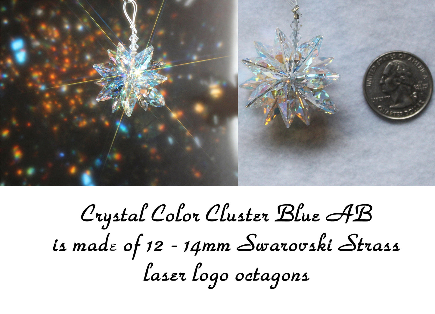 Swarovski Strass laser logo Prisms
Blue AB color crystal cluster contains 12 14mm octagons