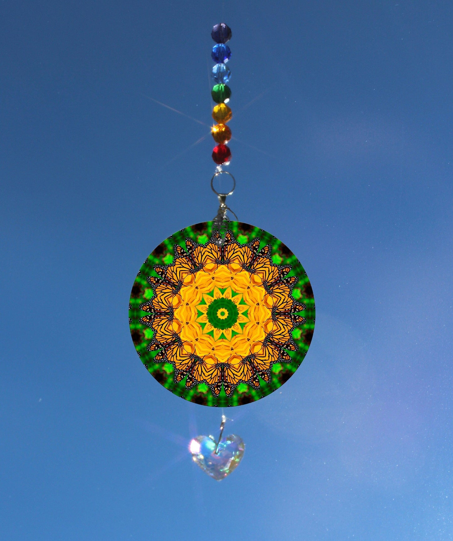 Monarch Butterfly Ornament Suncatcher, With Hanging Beads & Crystal Pendulum Prism, Mesmerizing Mandala Art Carefree Creature